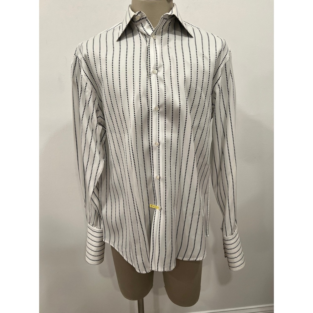 Brandolini Button Down Mens SZ 41 16 White Black Dotted Stripe Dress Shirt Italy